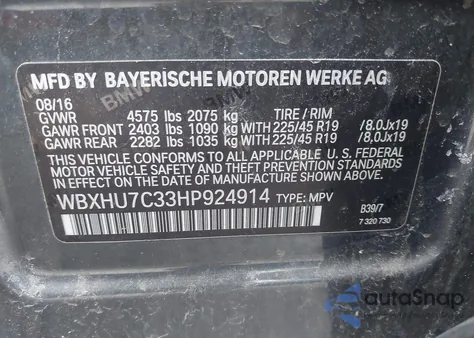 2017 BMW X1 Sdrive28I from USA, damaged, VIN WBXHU7C33HP924914